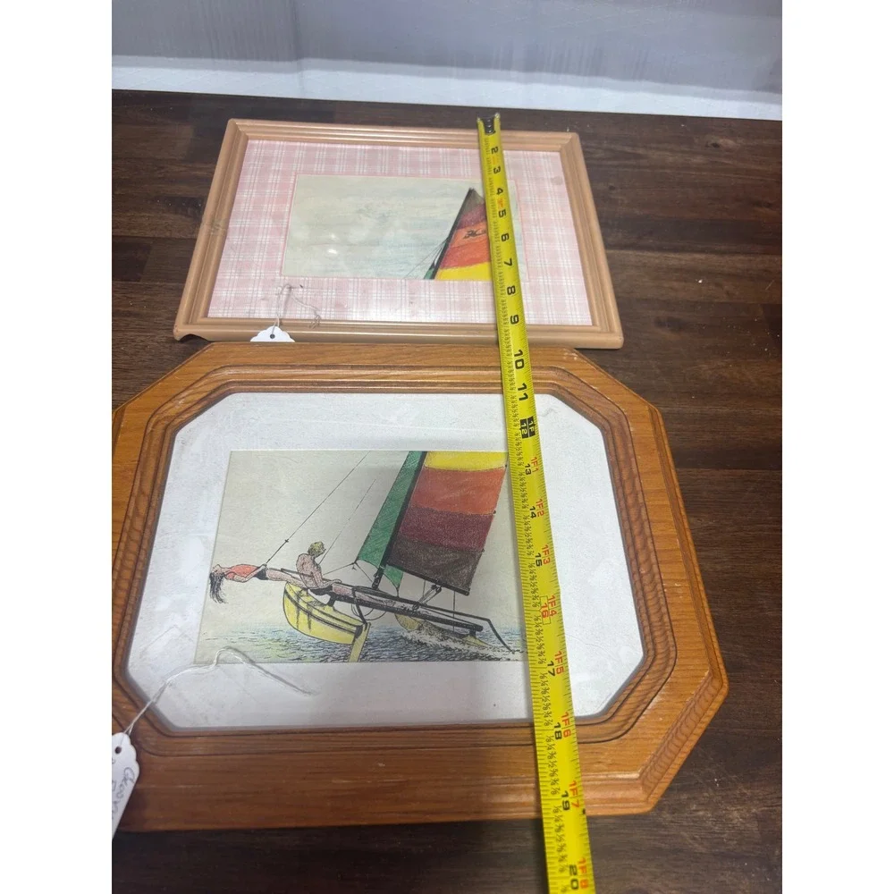 Vintage Framed Sailboat Art Set Hobie Cat Catamaran Nautical Decor 2 Pieces
